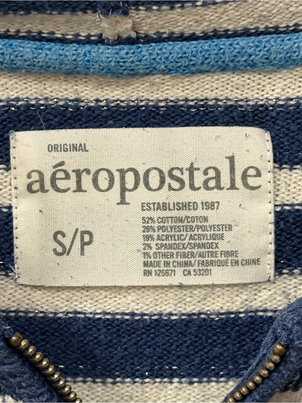 Aeropostale Navy and White Striped Zip Hoodie Sweater - Picture 2 of 4